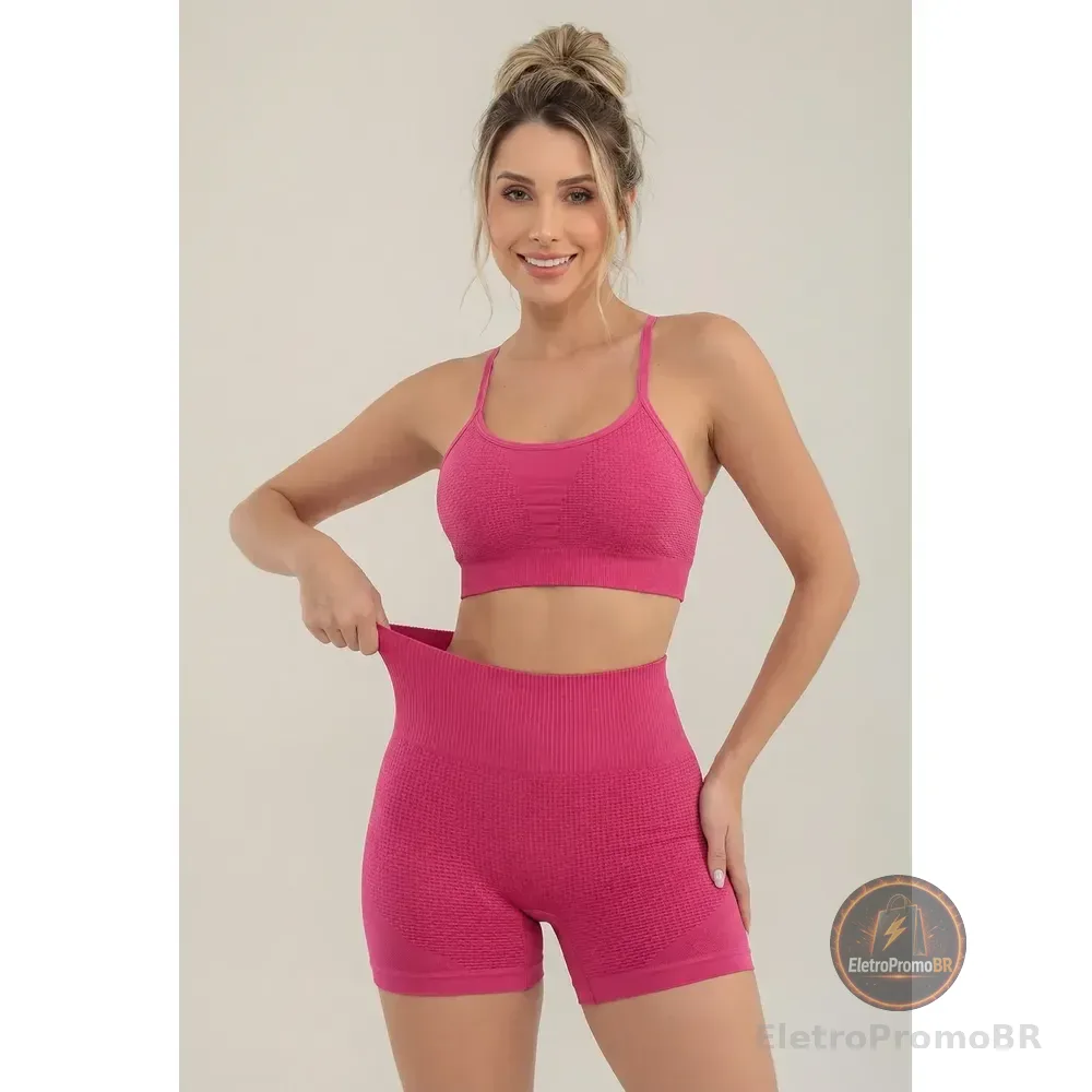 Conjunto Blogueira Fitness Top E Shorts Poliamida Demillus Magenta Microfibra De Poliamida Sem Costura Veste P E M Toque Gelado , Secagem Rápida