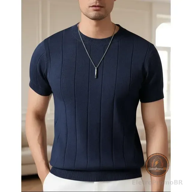 Blusa Masculina Básica Manga Curta Canelada Tricot Modal