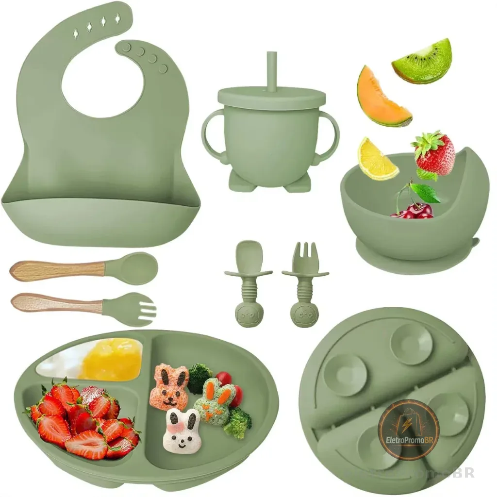 Kit 8pçs Talheres de Silicone p/ Bebê com Ventosa, Colher, Garfo, Canudo e Babador Infantil