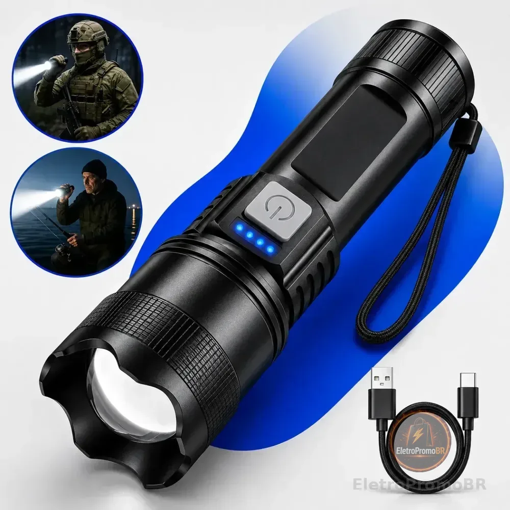Lanterna Militar Tatica Led Cree Mais Forte Do Mundo Ultra Potente 1km Zoom Alto Brilho Resistente Agua Sitio Fazenda Brielli Home Branco Preto