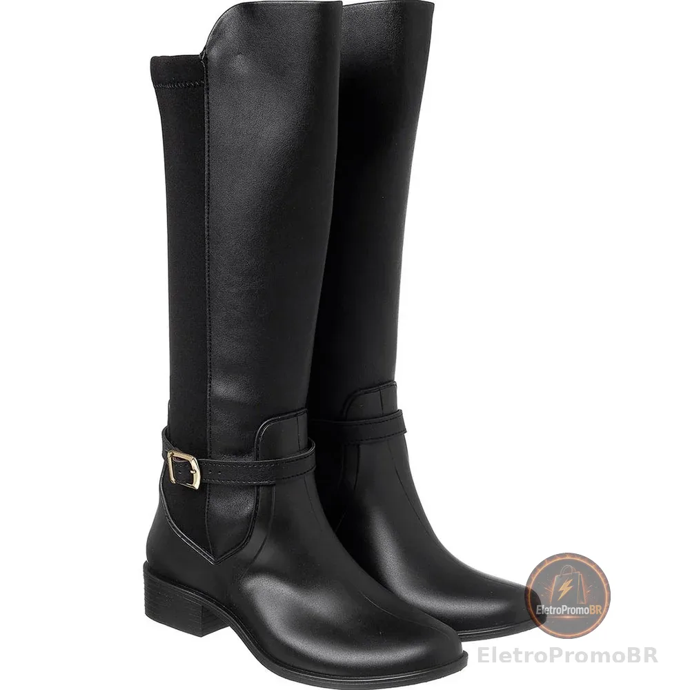 Bota Feminina Montaria Lolita Cano Alto com Fivela Leve Confortável e Impermeável  - Preto