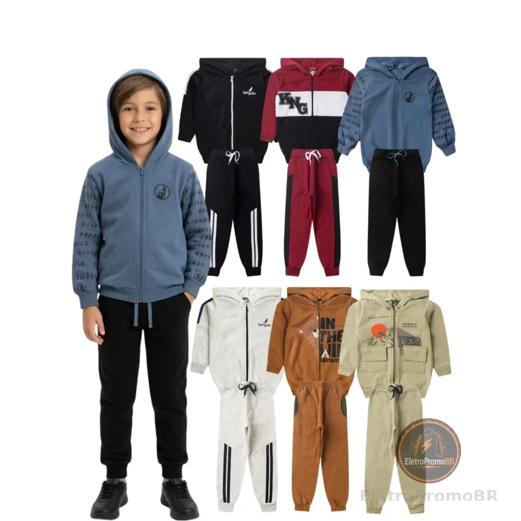 Kit 6 Peças Conjunto Infantil Menino Moletom Peluciado Quentinho 3 Casacos + 3 Calças 1 ao 12 Anos