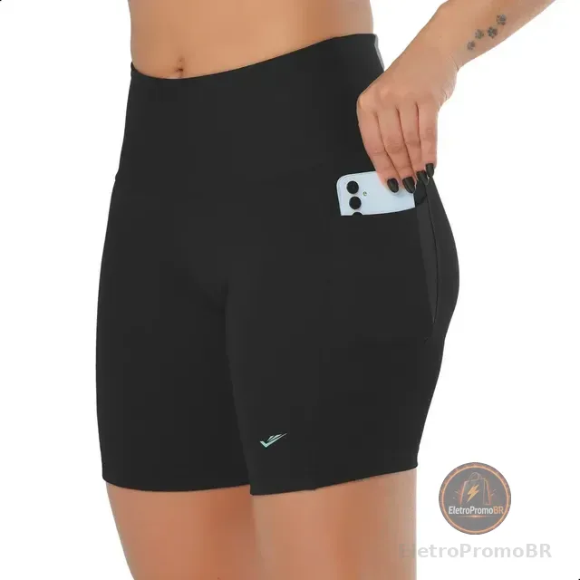 Short Feminino Academia Com Bolso Bermuda Cintura Alta Elite
