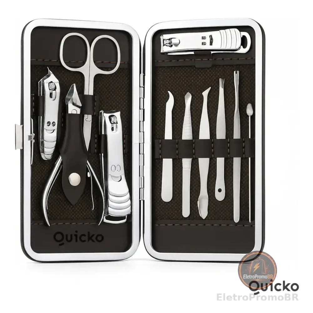 Kit Manicure Portátil Estojo Alicate Cortador De Unha 12 Pç - Desencravador De Unha Alicate Lixa Profissional Premium Tesoura Empurrador De Cutículas Marca Quicko