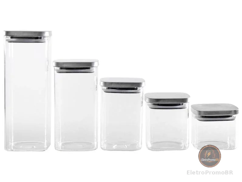 Jogo de Porta-Mantimentos de Vidro Quadrado Brinox Lock & Stock 5 Peças