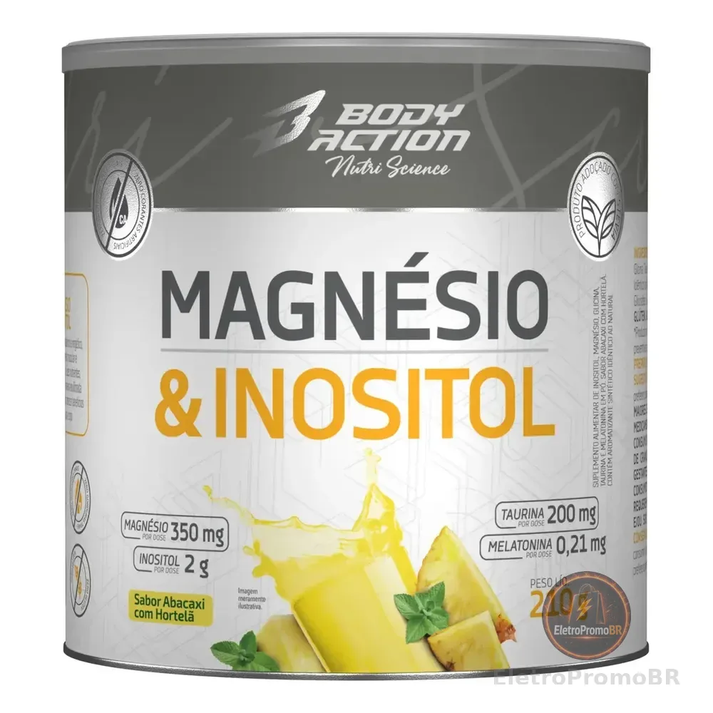 Magnésio E Inositol Taurina Melatonina 210g Bodyaction Sabor Abacaxi Com Hortelã