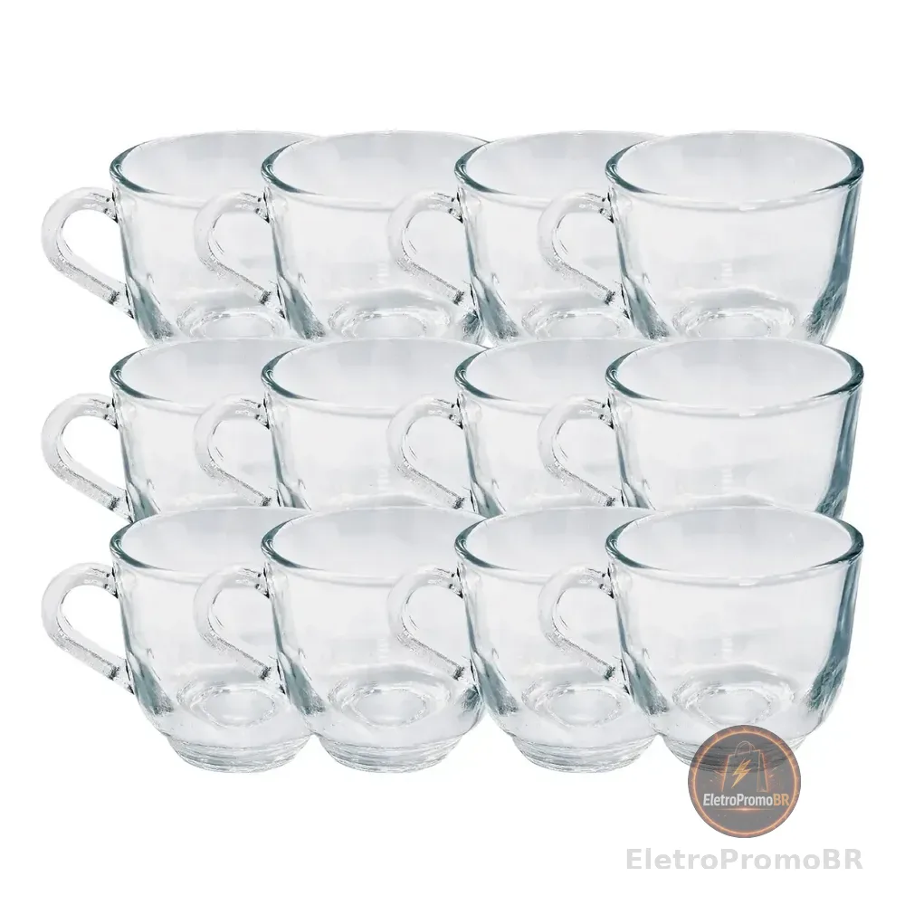 Kit 12 Xícaras Vidro Com Alça Moderno 150ml Café Chá Quentes Transparente Vidro Liso