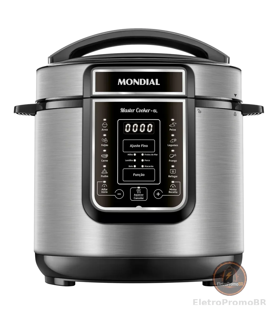 MONDIAL Panela de Pressão Elétrica Digital 6L, Preto/Inox, 1000W, 110V - PE-60-6L-I