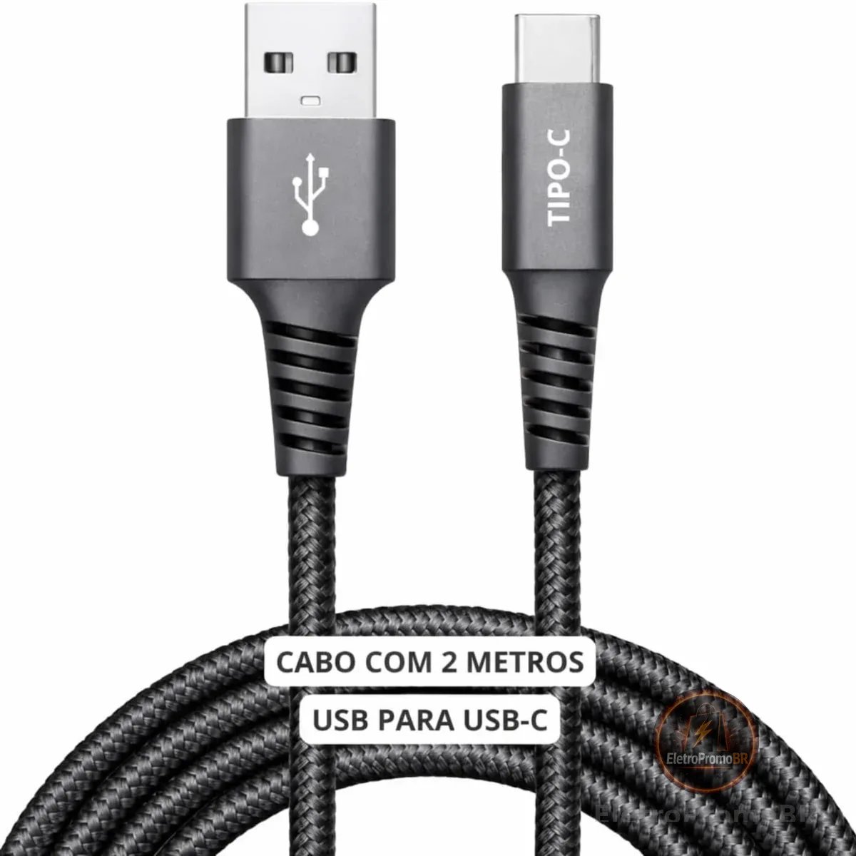 Cabo USB para USB-C 2 Metros 60W Turbo Carregamento Rápido — Nylon Trançado Reforçado Compatível iPhone 15/16 Samsung Galaxy Xiaomi MacBook Notebook Tablet — Preto