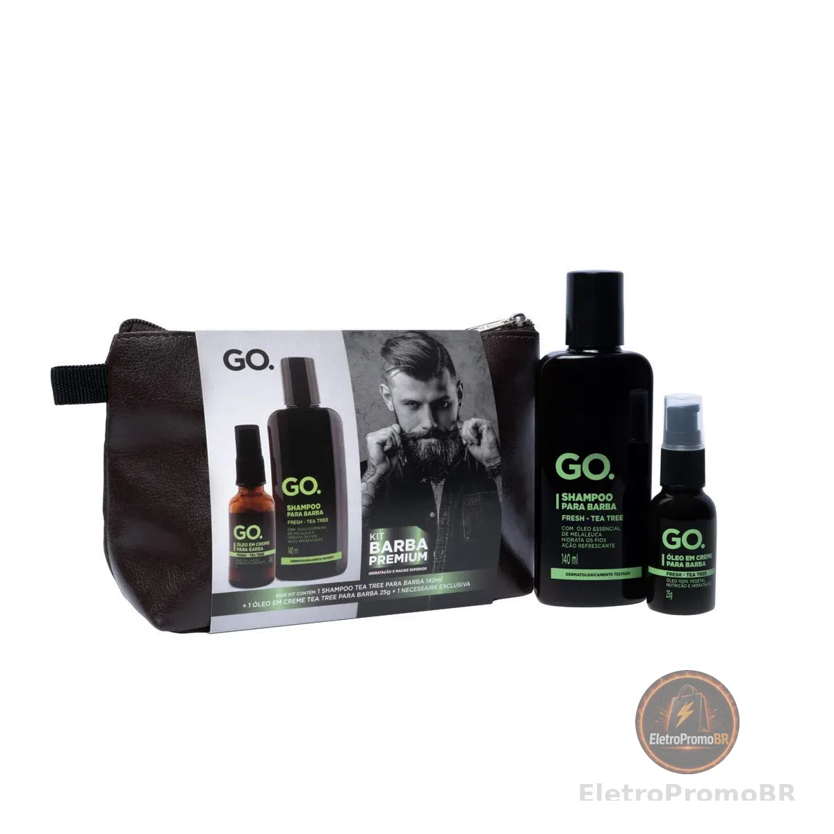 Kit Necessaire Shampoo e Óleo Tree, barba e cabelo, anti coceira, previne a caspa, natural, vegano, sem sulfato, sem sal, hidratante e condicionante, com necessaire grátis Go Man 2 produtos em 1