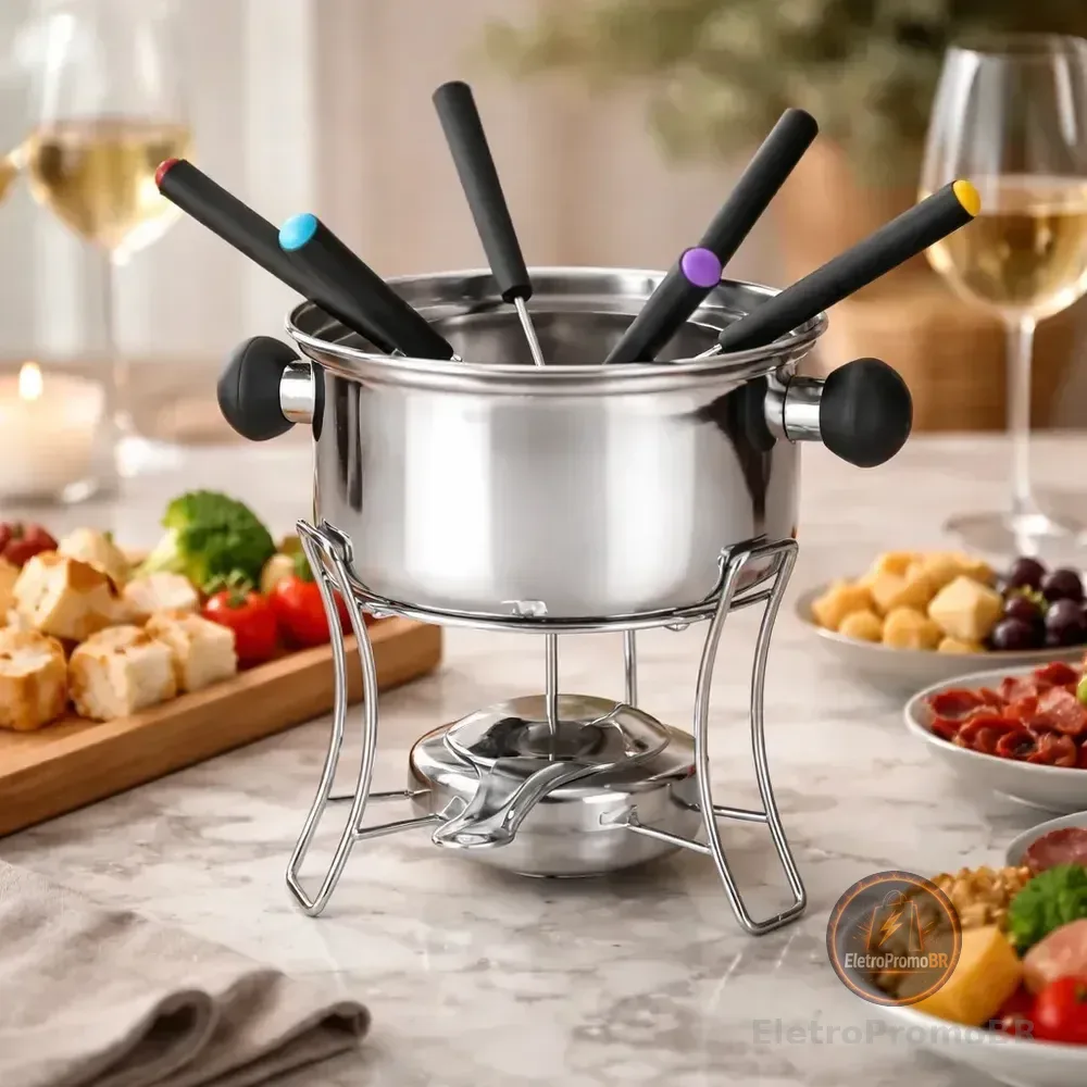 Aparelho Para Fondue Inox 10 Peças Inclui Fogareiro E Base 6 Garfos Prateado
