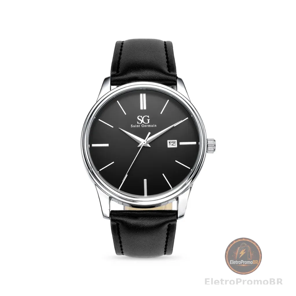 Relógio Masculino Chroma Preto Couro com Caixa Prata Saint Germain Design Elegante Clássico
