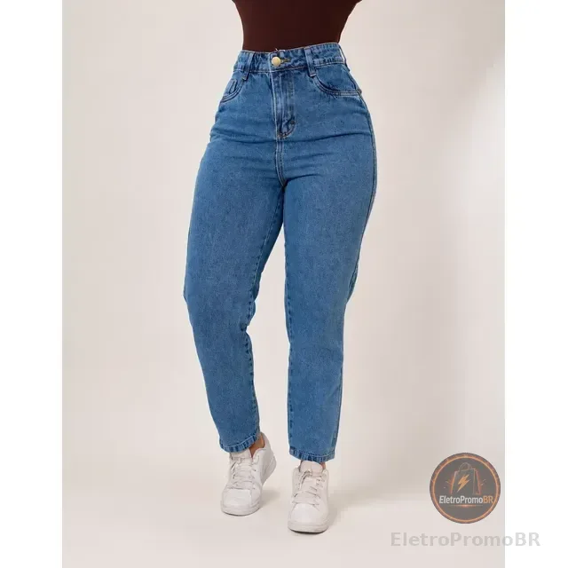 Calça Mom Jeans Cintura Alta Levanta Bumbum Vintage Algodão