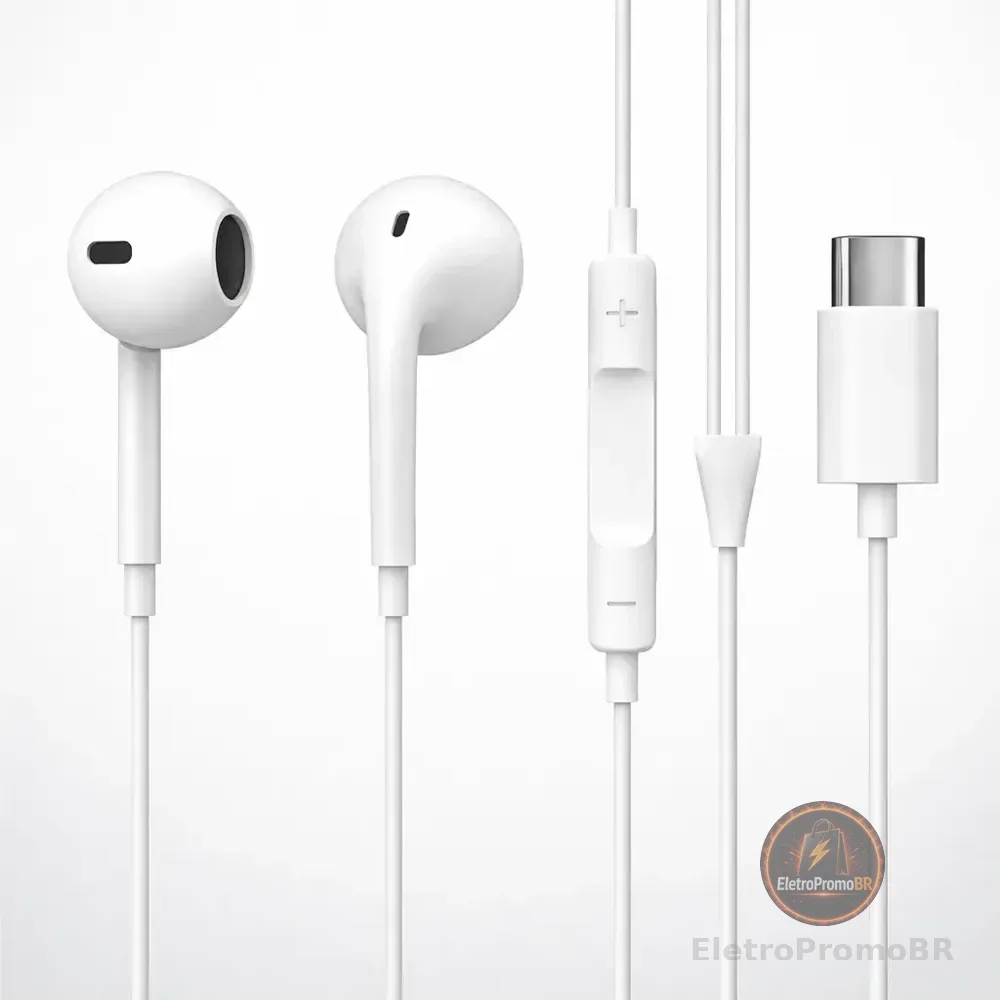 Fone De Ouvido Com Fio Microfone Tipo C In-ear Cabo 1 Metro Branco