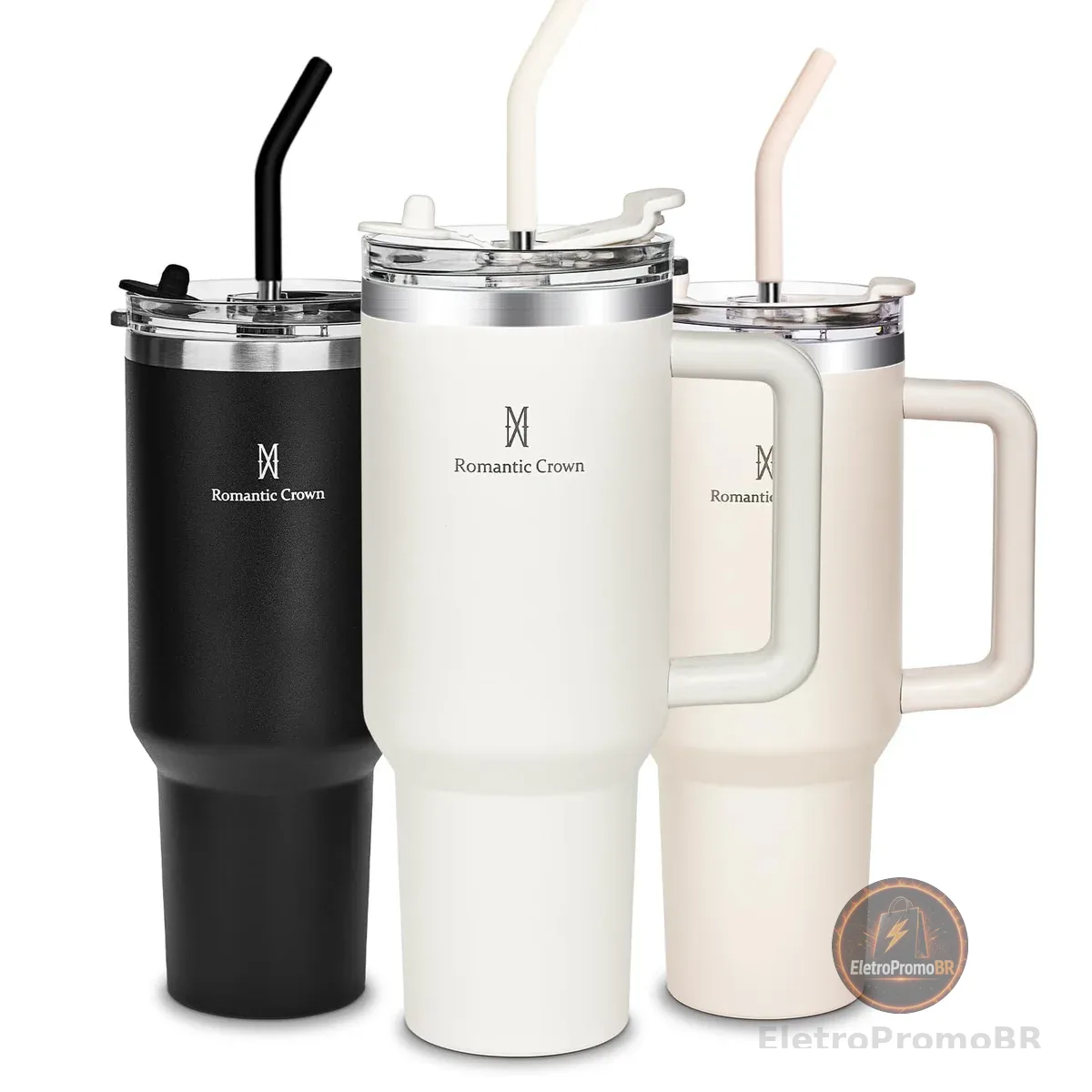 Romantic Crown Copo Térmico com Canudo Tampa e Alça 1,18L, Copos Garrafas Termico para viagem vácuo dupla camada aço inoxidável, Caneca Termica Cafe Água Chá,Presente, Fitness (Creme)