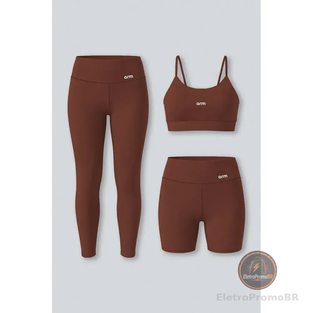 Kit Conjunto Fitness Legging E Short Powerslim + Top Alça Avelã Lisa G - G