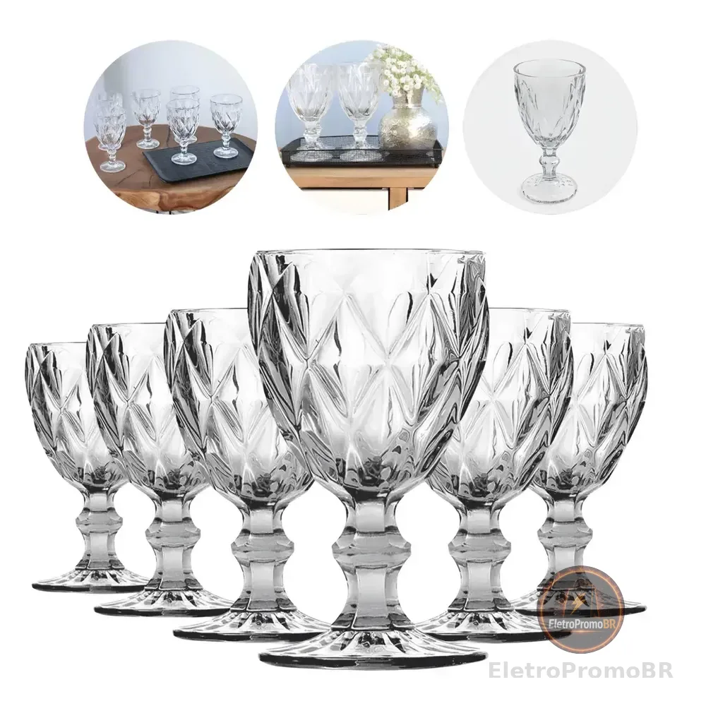Kit Com 6 Taças De Vidro Diamond Luxo Para Água E Vinho 330 Ml Transparente