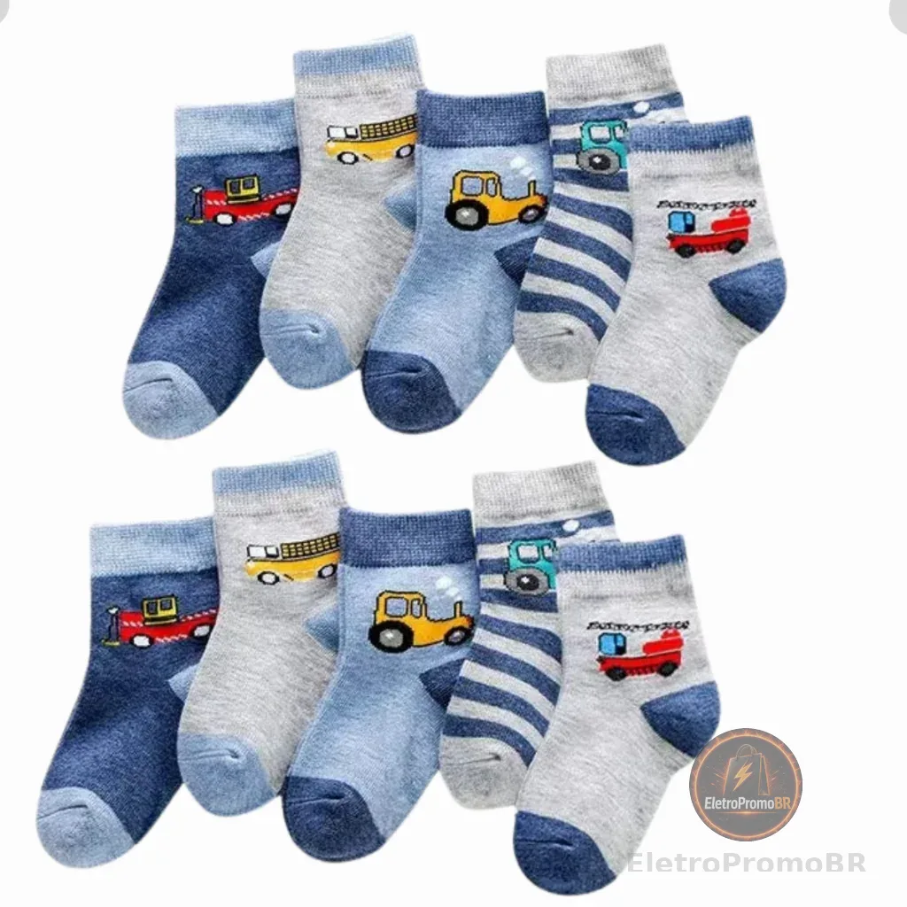 Kit 12 Pares de Meias Infantil Masculina Coloridas Estampada Algodão Macio e Confortável