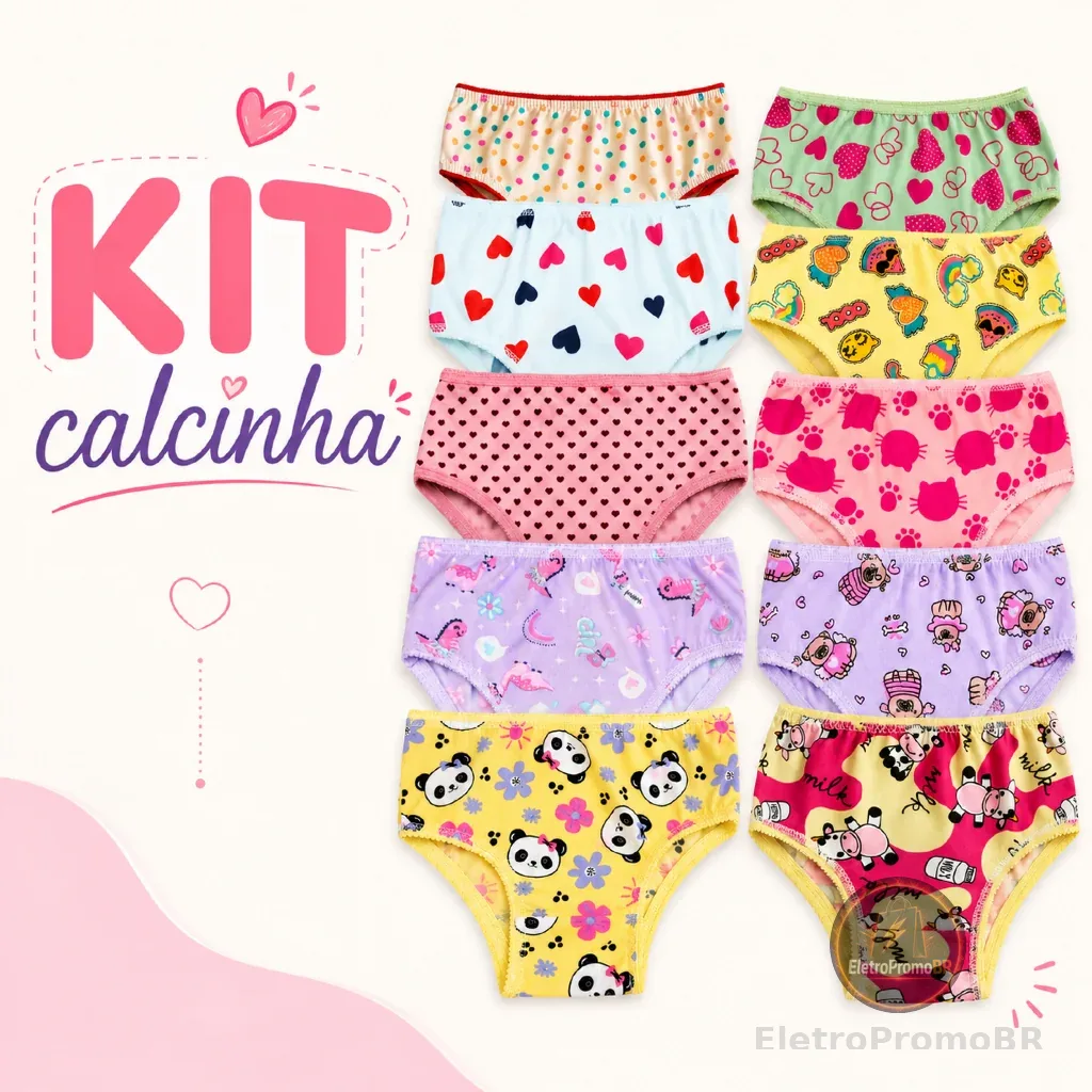 Kit 5 até 10 Calcinha Infantil com Forro algodão Estampada De 1 a 9 Anos Conforto meninas criança