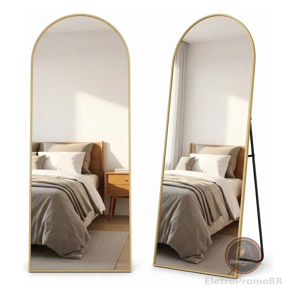 Espelho Arco Oval Corpo Inteiro 162x52 Moldura Dourada Chão Dourado