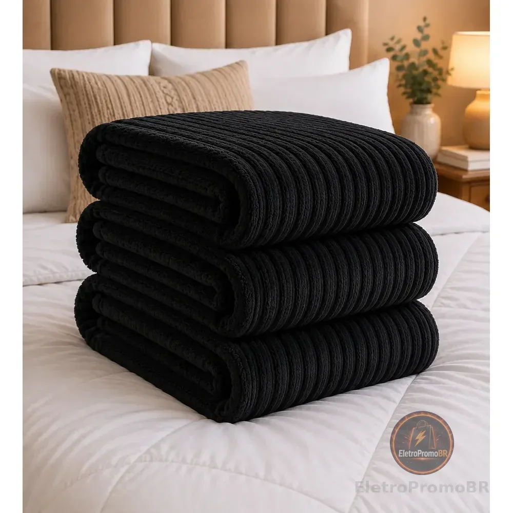 Cobertor Manta Casal Aveludada Canelada Super Macia Luxo Canelada 750 G Preto