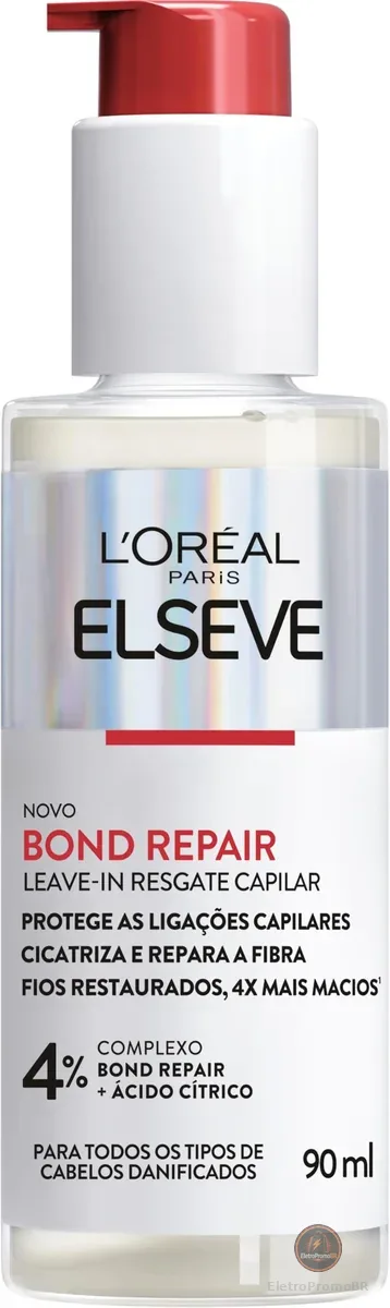 L'Oréal Paris Elseve Bond Repair Leave-In Resgate Capilar com Ácido Cítrico, Glicina e Pantenol, Proteção Térmica 230°C e Controle de Frizz, Reparação Molecular Intensa, 90ml