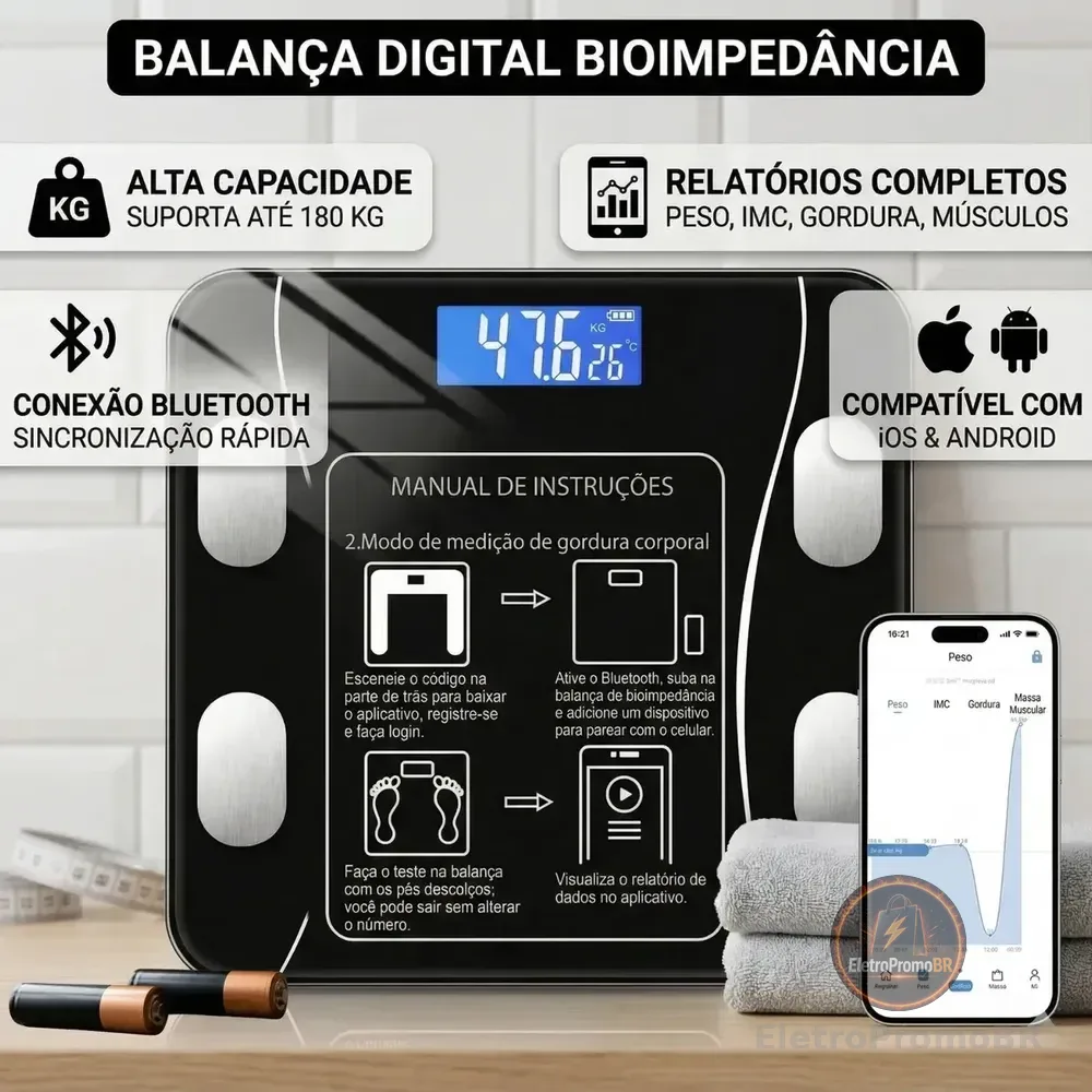 Balança Digital Bioimpedância Bluetooth Corporal Aparelho Alta Capacidade App Gratuito Para Android E Para Ios Cor Preto Balança De Banheiro Academia - Marca Redd