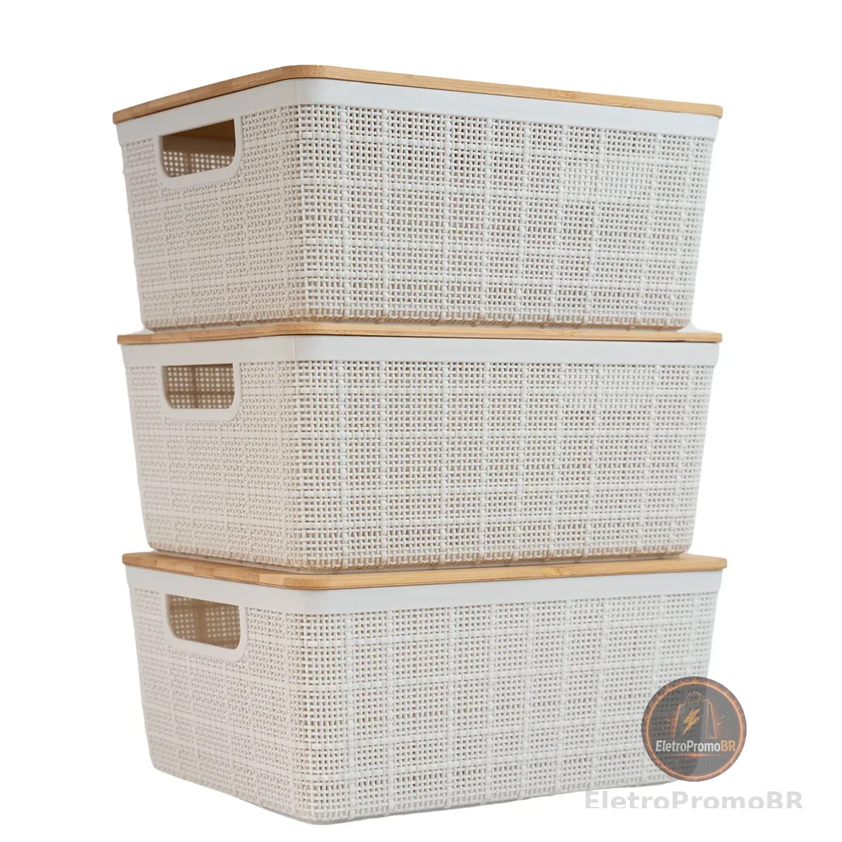 Oikos - Kit 3 Caixas Organizadoras 4L com Tampa de Bambu Brancas Multiuso | Empilháveis, organizador para closet, banheiro, cozinha, lavanderia, escritório, fácil limpeza, design moderno