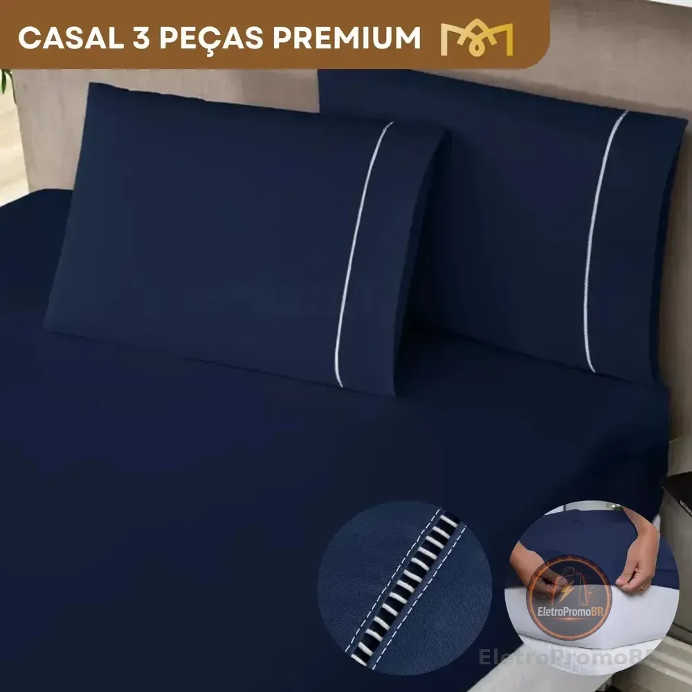 Jogo De Cama Casal Padrão 3 Peças 400 Fios Ponto Palito Macio C/ Elástico Toque Suave Hotel Premium Cor Azul Marinho Liso