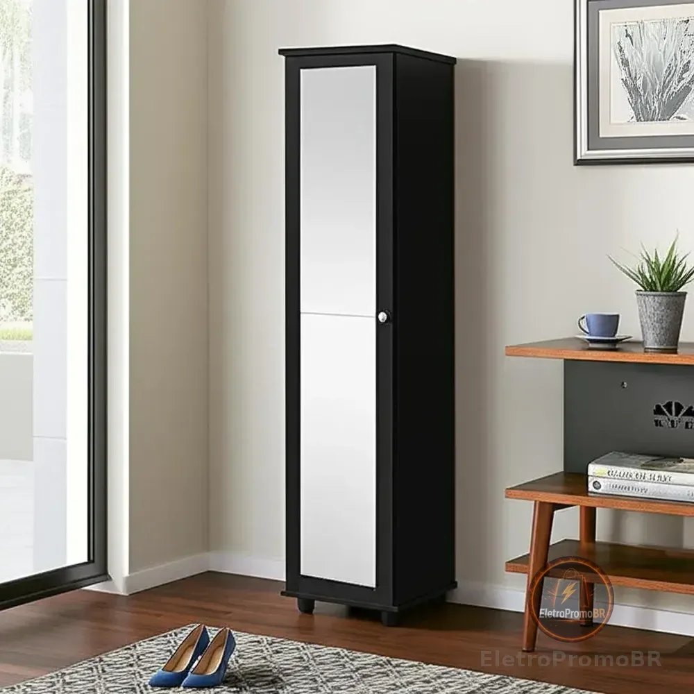 Sapateira Multiuso Mdp Preto 1 Porta Espelho 4 Prateleiras 165cm
