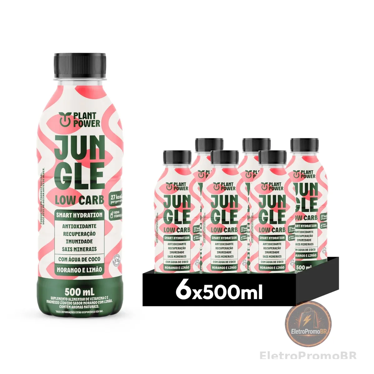 Jungle Low Carb Morango com Limão, Bebida Funcional, 500ml - 6 unidades