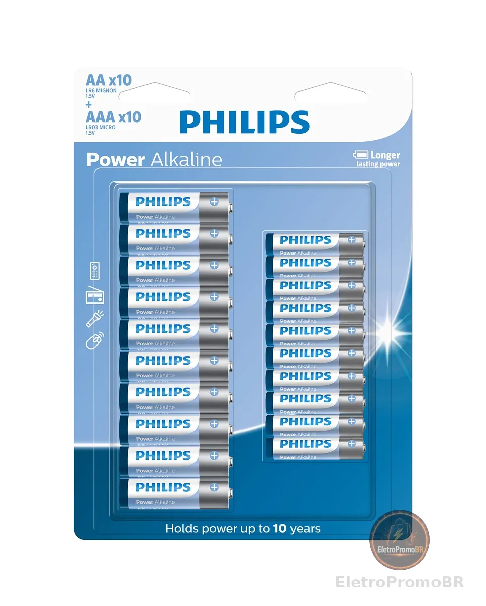 PHILIPS Pilha alcalina do tipo AA e AAA C/10 AA E 10-AAA, Branco, azul e cinza, padrão, LR036P20BP/59