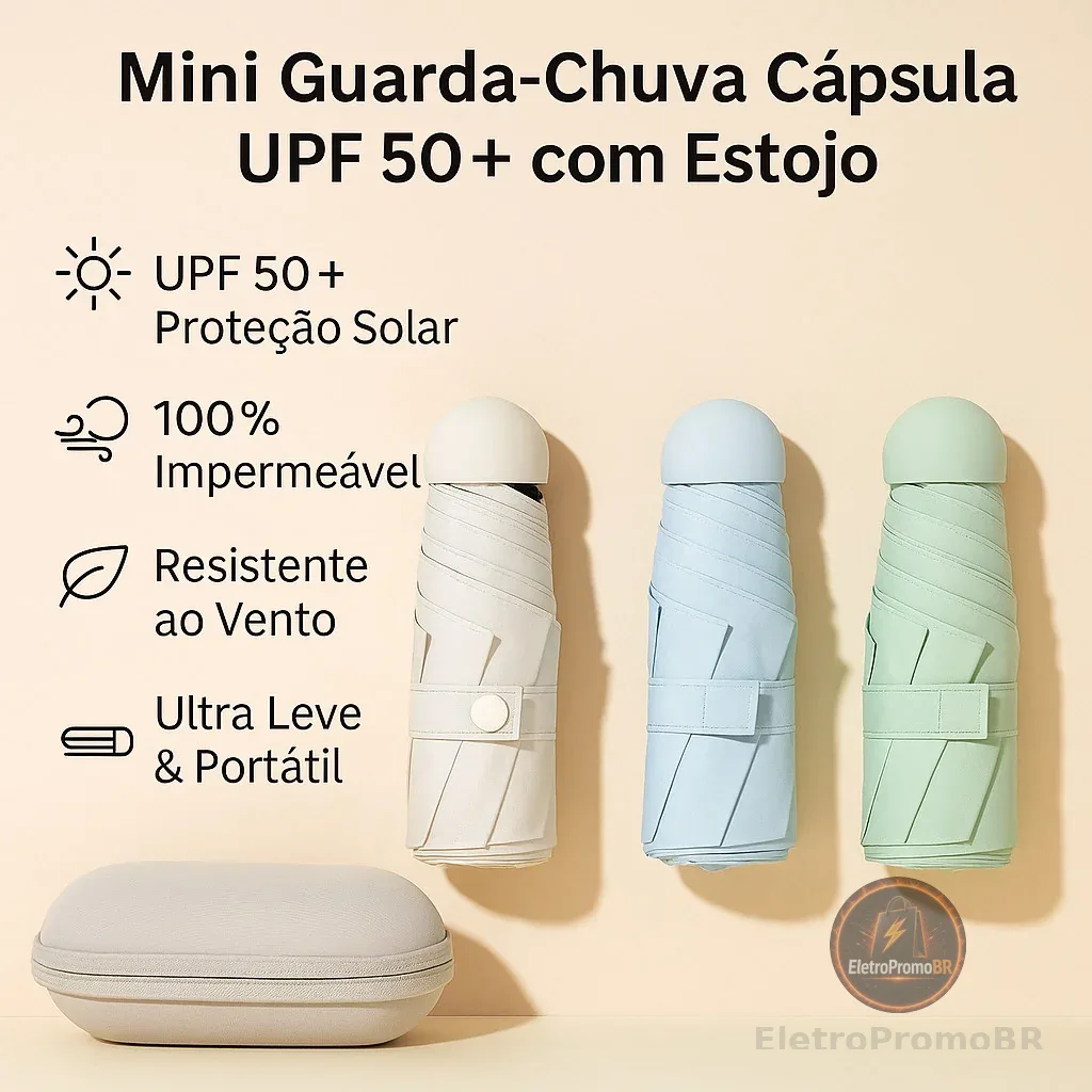 Mini Guarda-Chuva Portátil Dobravel UPF50+ Cápsula Ultra Leve com Estojo – Proteção UV