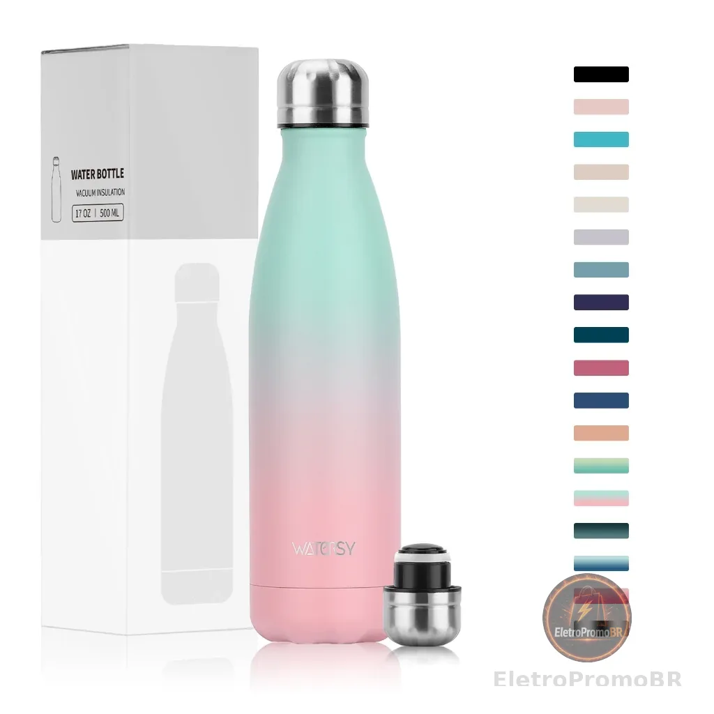 WATERSY Garrafa Térmica 500ml Inox 304 Sem BPA 24h Gelada 12h Quente Portátil Academia Futebol
