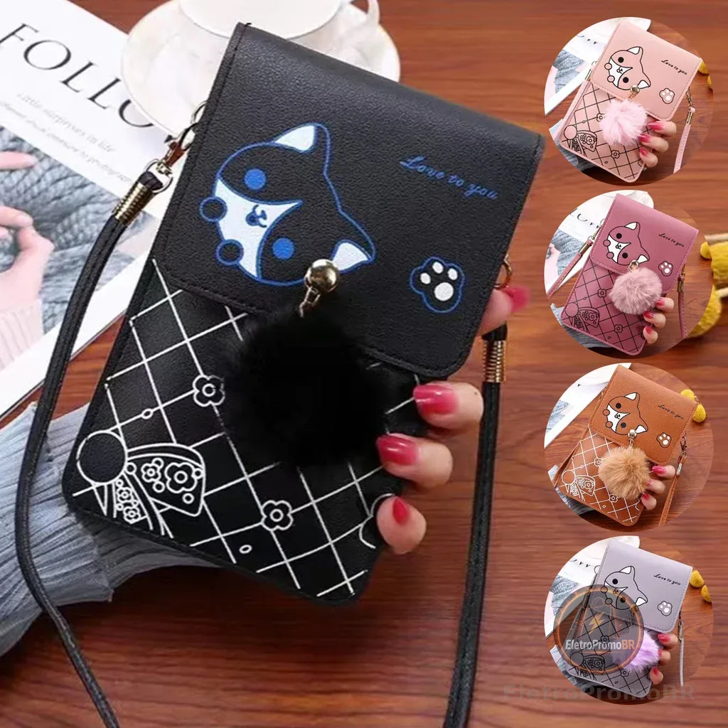 gatinho Mochila feminina de ombro para celular com tela sensível ao toque.