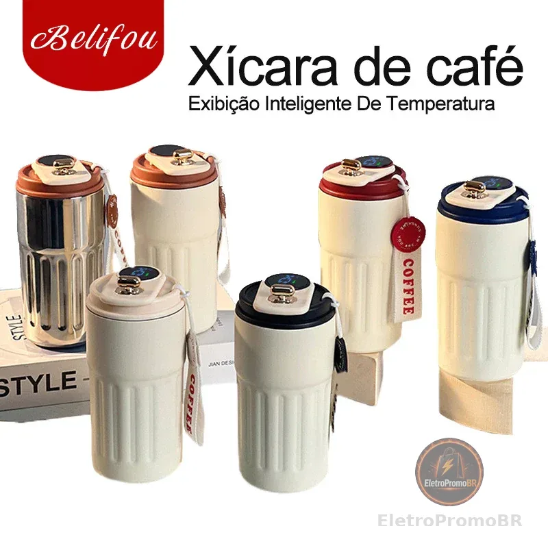 Belifou 450ml Copo Térmico Cafe personalizado Inox Portátil tampa Com LED Temperatura Antivazamento
