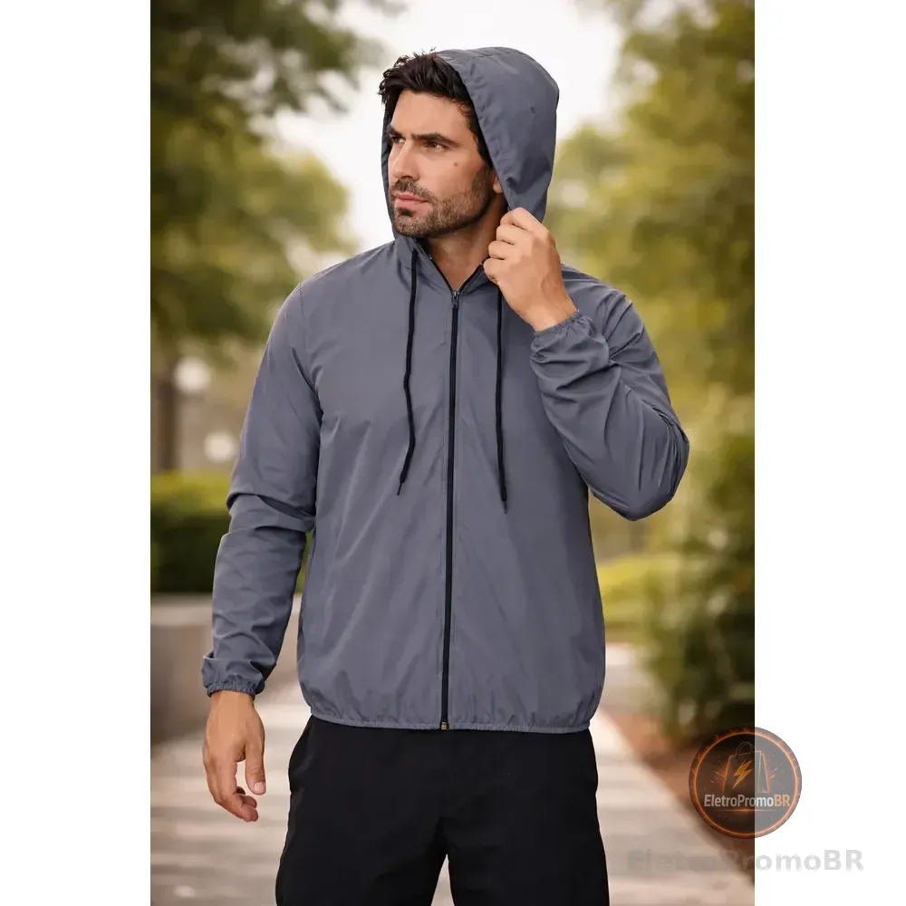 Jaqueta Corta Vento Masculina Impermeável Capuz Zíper Bolso Cinza-claro G Lisa