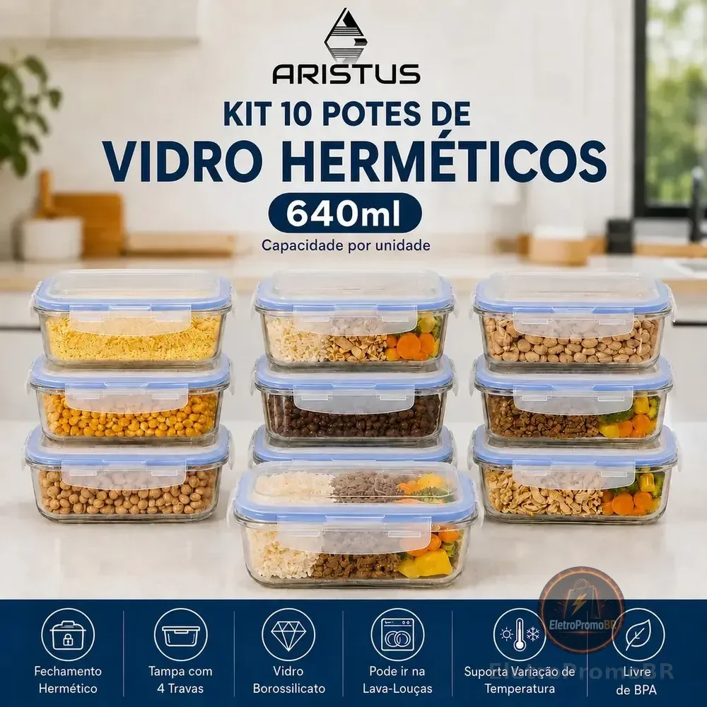 Kit 10 Potes Vidro Hermético Aristus 640ml Marmita Anti Vazamento Forno Micro-ondas Freezer Tampa 4 Travas - Azul
