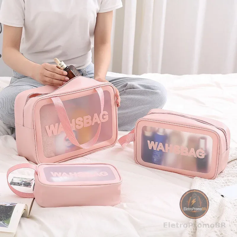 Kit 3 Necessaire Maquiagem Transparente WashBag A Prova De Água