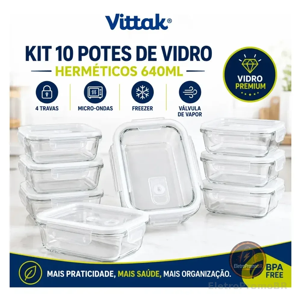 Vittak Kit 10 Potes Vidro Hermético Com 4 Travas Marmita Microondas Freezer Transparente 640ml