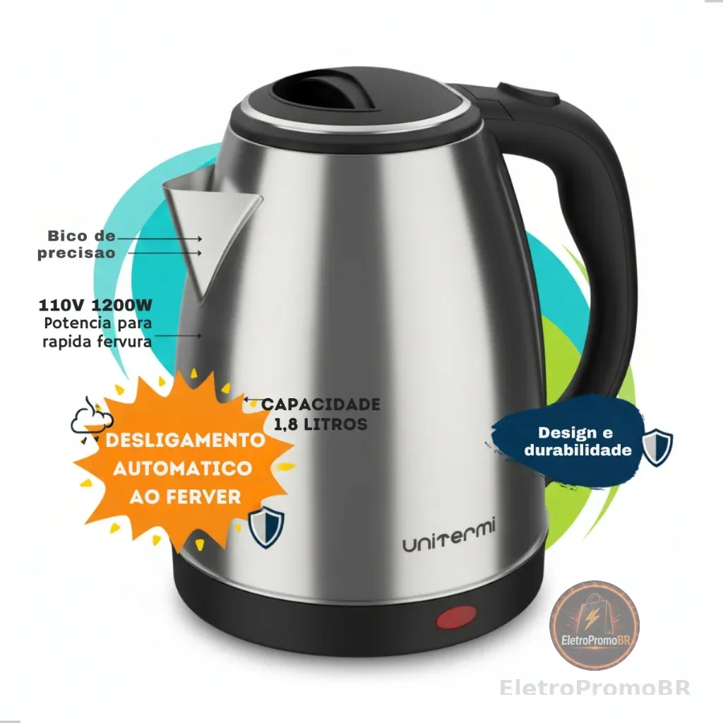 Unitermi Chaleira Elétrica Inox 1.8L - Desligamento Automático - Ferve Rápido Água P/ Café Chá!