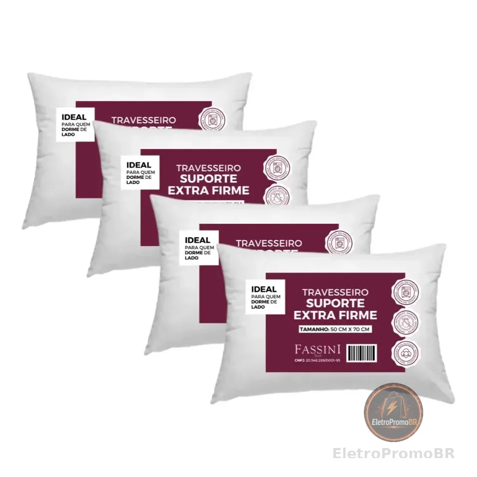 4 Travesseiros 100% Algodão  Fibra Siliconada Extra Firme  Branco Padrão