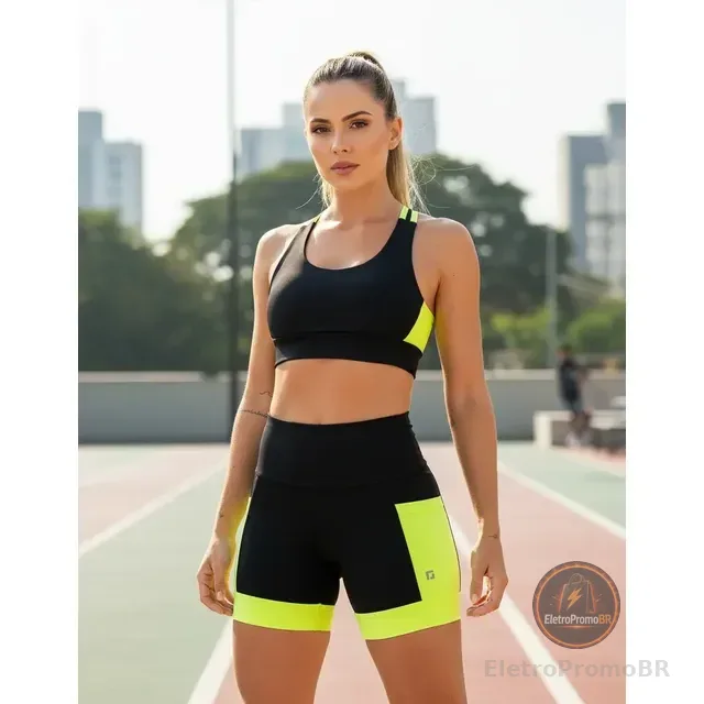 Conjunto Shorts Com Bolsos + Top Alta Sustentação Corrida