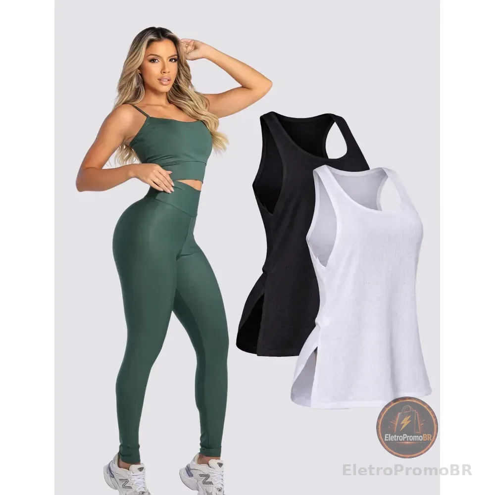 Kit Conjunto Fitnes Feminino Legging + Top + Regata Academia Verde Militar M