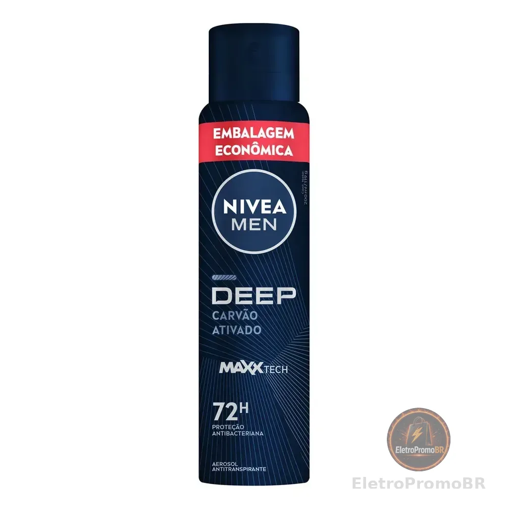 Nivea Men Desodorante Antitranspirante Aerossol Deep Carvão Ativado 200ml, Proteção Antibacteriana 72h, Controle Do Suor E Odor Deep Maxxtech