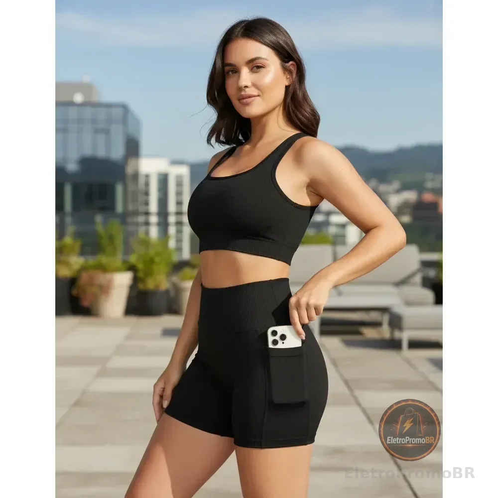 Conjunto Fitness Feminino Shorts E Top Academia Poliamida Preto Liso M (38-40)