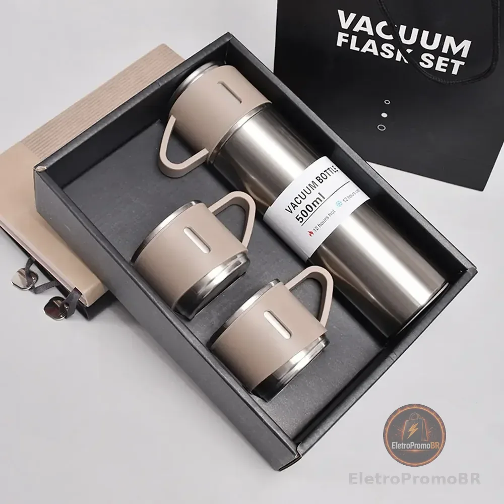Garrafa Térmica 500ml Com Kit 3 Xícara Café Chá Cor Prata/bege