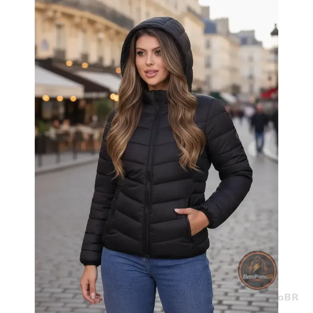 Jaqueta Feminina Puffer Capuz Removível Bobojaco Impermeável Preto P (36/38)