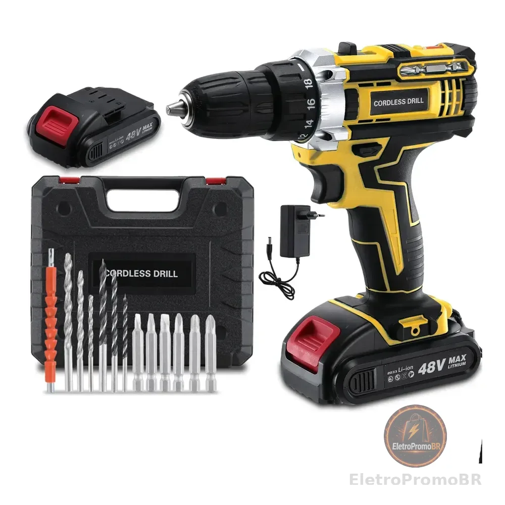 Furadeira Parafusadeira 48v 2 Baterias Profissional  Kit Amarelo 48v 60hz