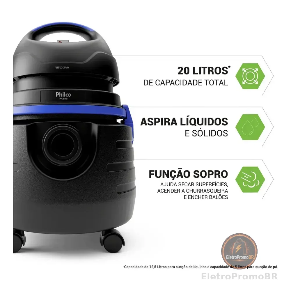 Aspirador De Água E Pó Philco 1500w 20l Pas80 Cor Preto 220v